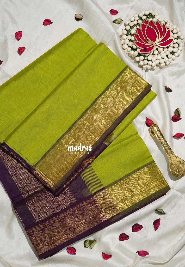Sap Green - Mookuthi Amman Plain Silk Cotton Mango, Temple Border with Contrast Pallu and Blouse - Perfect for Wedding Functions