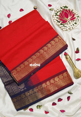 Neon Orange - Mookuthi Amman Plain Silk Cotton with Mango Border Contrast Pallu and Blouse - Perfect for Wedding Functions