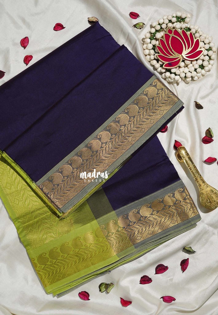 Midnight Blue - Mookuthi Amman Plain Silk Cotton with Mango Border Contrast Pallu and Blouse - Perfect for Wedding Functions