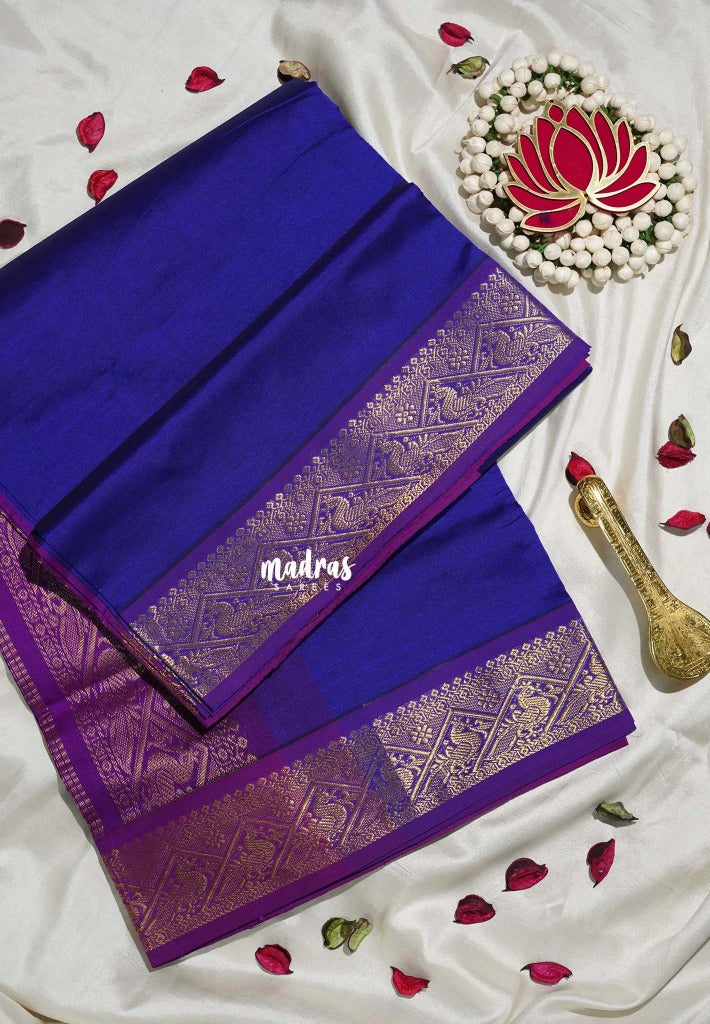 MS Amma Blue - Mookuthi Amman Plain Silk Cotton with Traditional Border Contrast Pallu and Blouse - Perfect for Wedding Functions