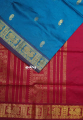 Dark Olympic Blue - Mookuthi Amman Silk Cotton Checks with Mango Buttas and Peacock Border - Best for Wedding Functions