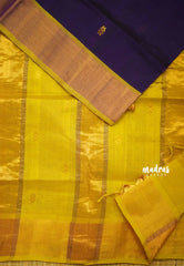 Mookuthi Amman silk cotton getti zari border with buttas - Purple with Neon yellow