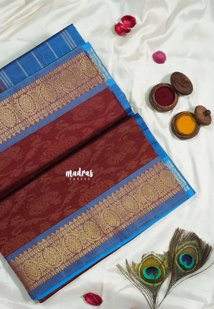 Dark Brown - Mookuthi Amman Silk Cotton Fully Weaving with Rudraksham Border - Best for Wedding Functions