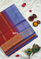 Majestic Maroon - Mookuthi Amman Silk Cotton Kolam and Mango zari lines Buttas and Multi Buttas Border - Best for Wedding Functions