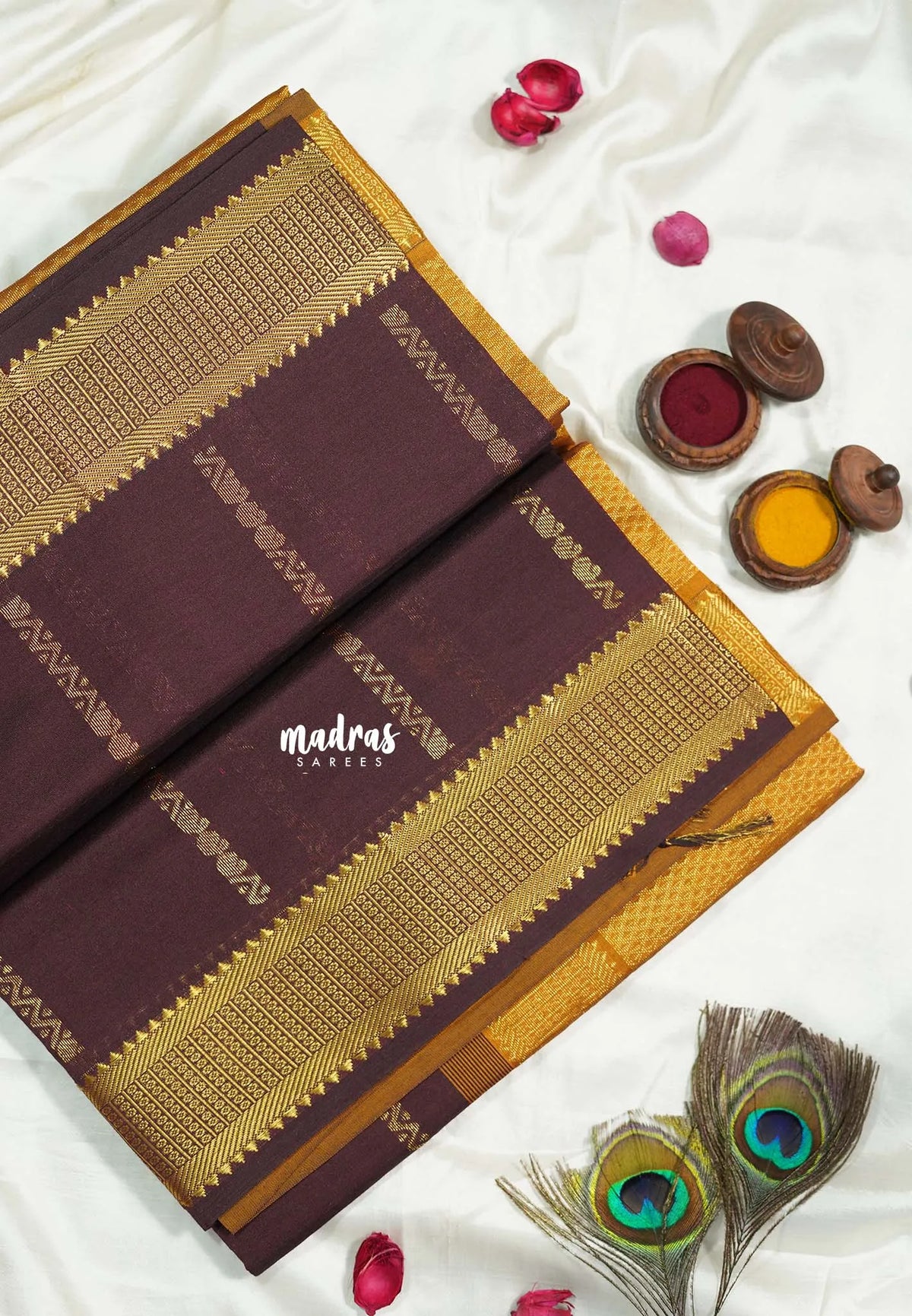Coffee Brown - Mookuthi Amman Silk Cotton Kolam and Mango zari lines Buttas and Multi Buttas Border - Best for Wedding Functions
