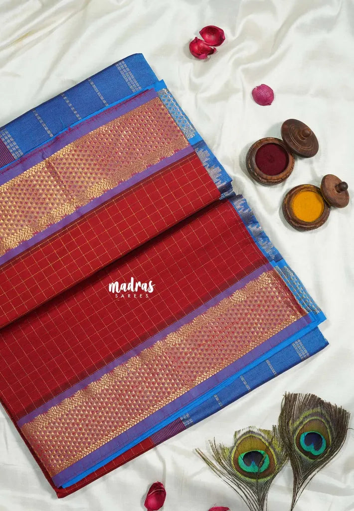 Reddish Maroon - Mookuthi Amman silk cotton muthukattam with mayil, yanai zari border - Best for Wedding Functions