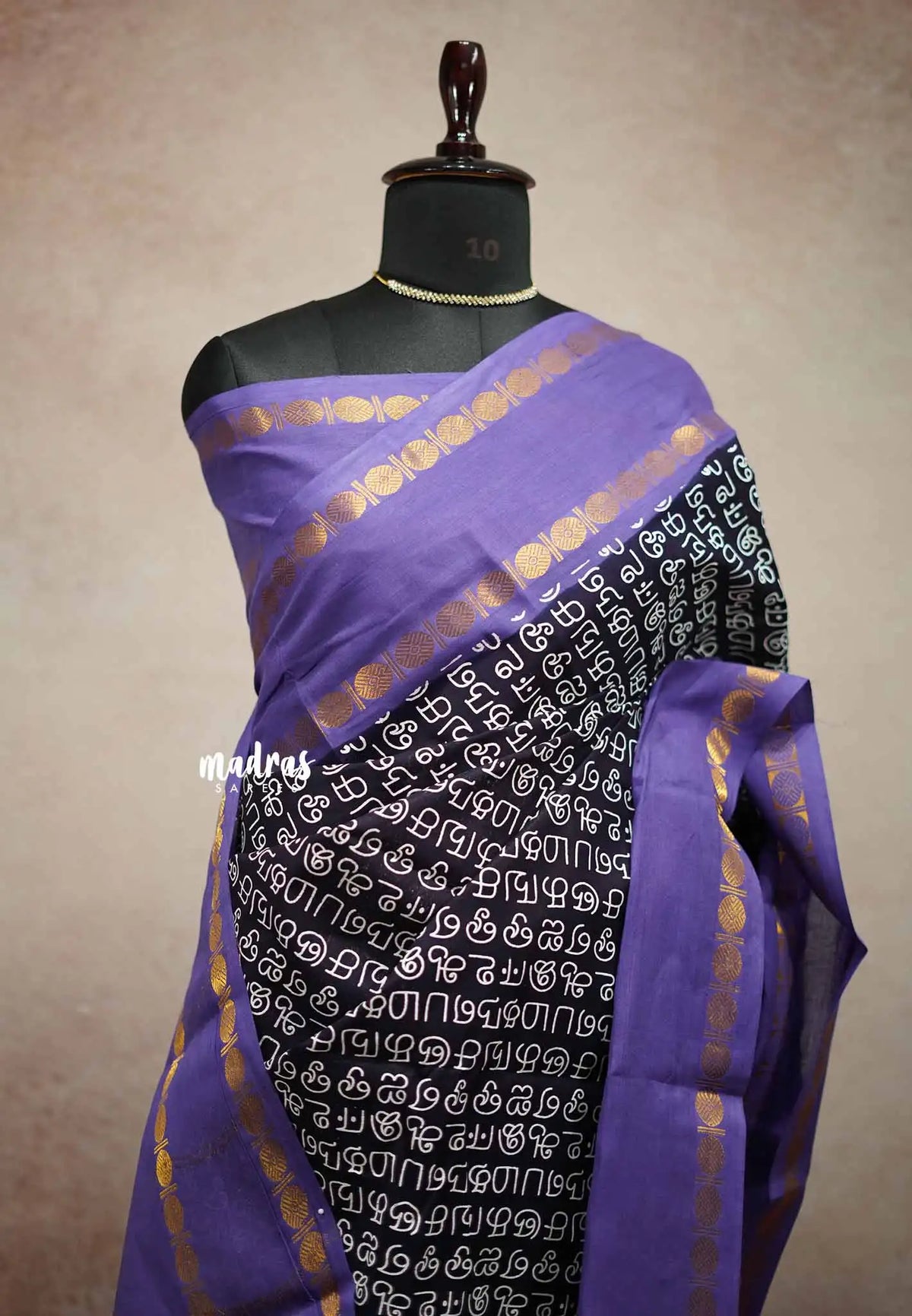 Mozhi - Sungudi cotton with tamil letters rettapet rudraksham border - Navy blue