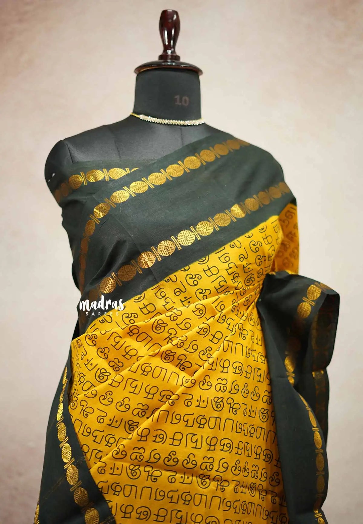 Mozhi - Sungudi cotton with tamil letters rettapet rudraksham border - Yellow with Dark green