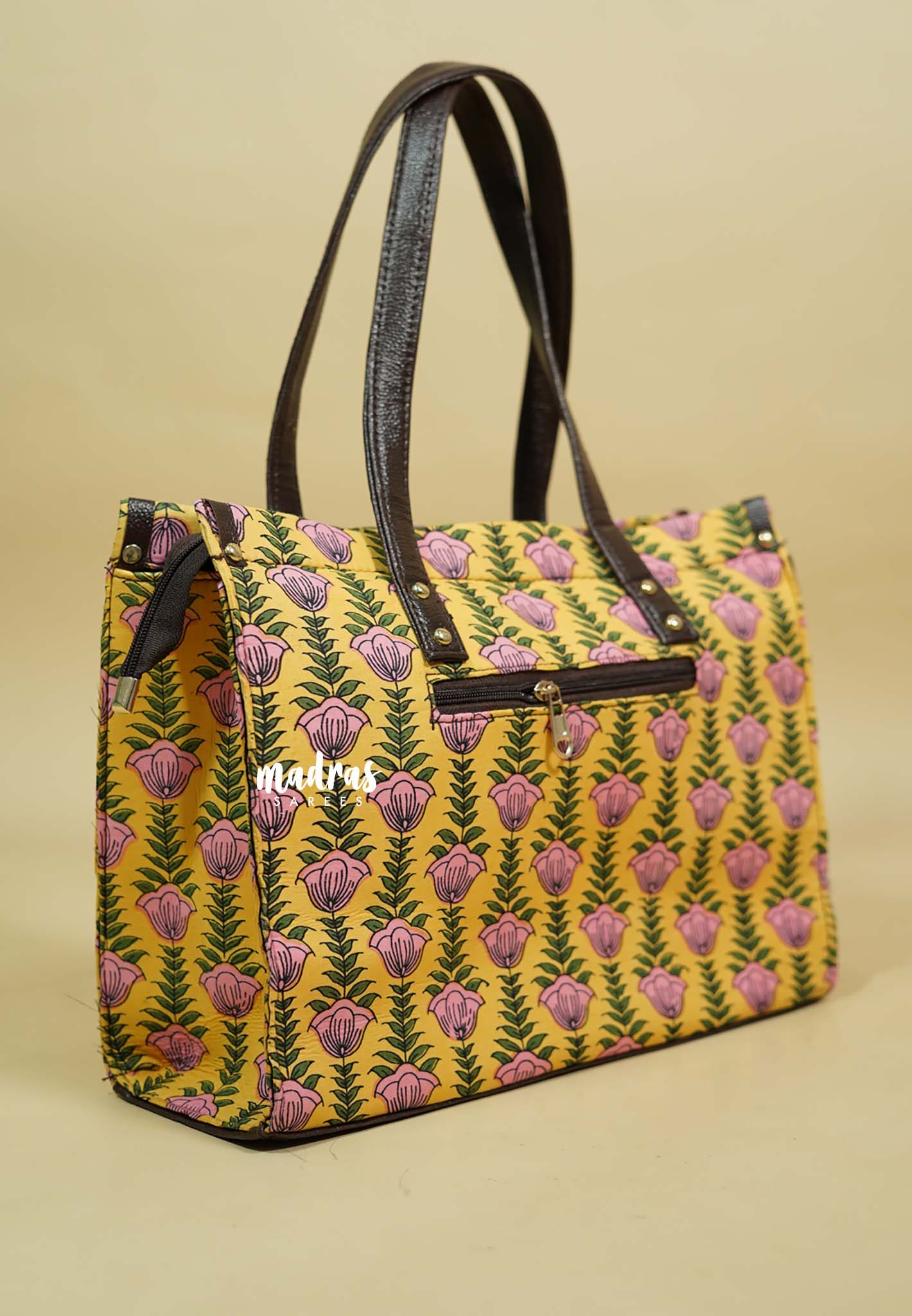 Punch yellow - Jaipur prints cotton handbag / office bag set of 4 - MS7 Brand