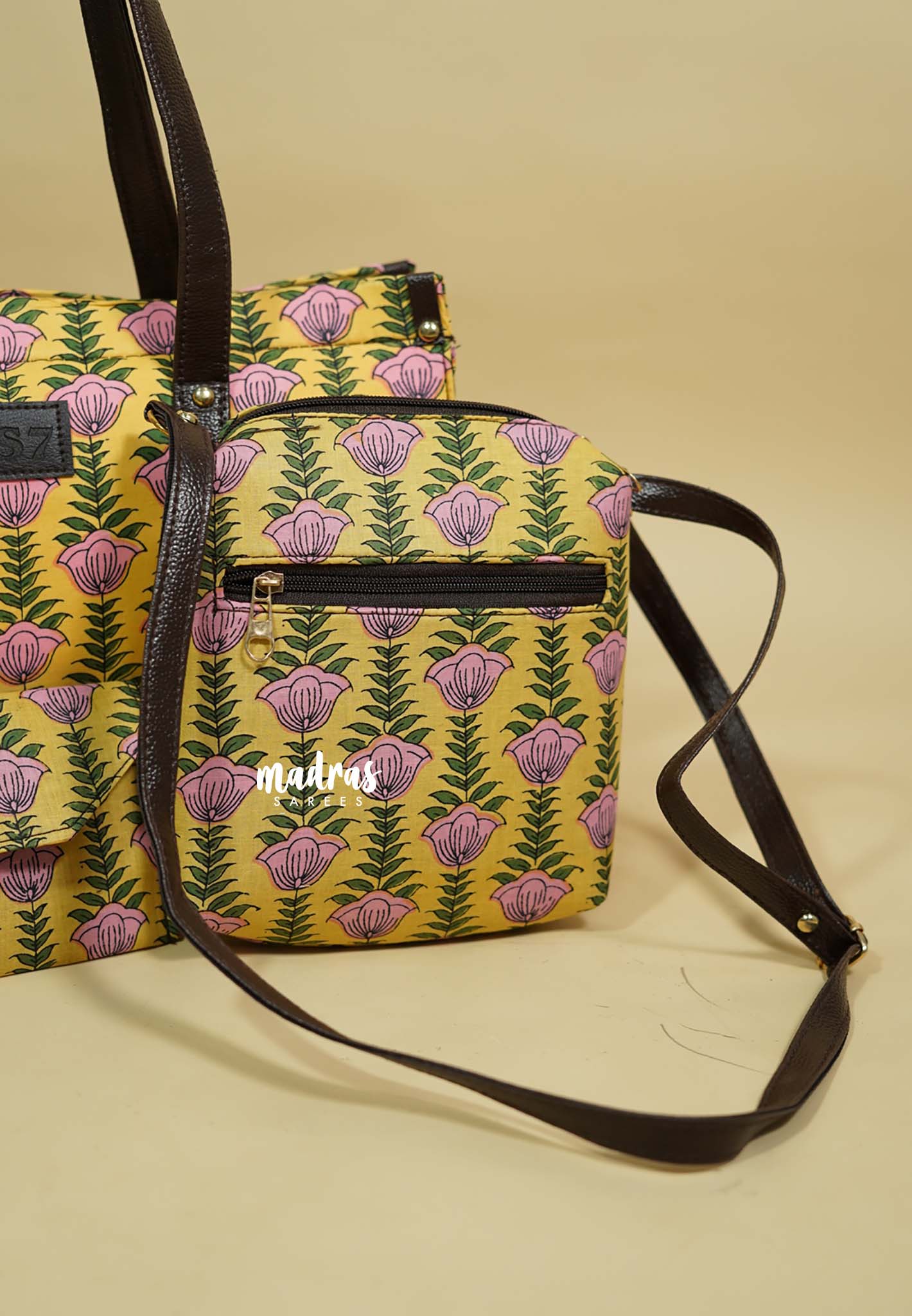 Punch yellow - Jaipur prints cotton handbag / office bag set of 4 - MS7 Brand