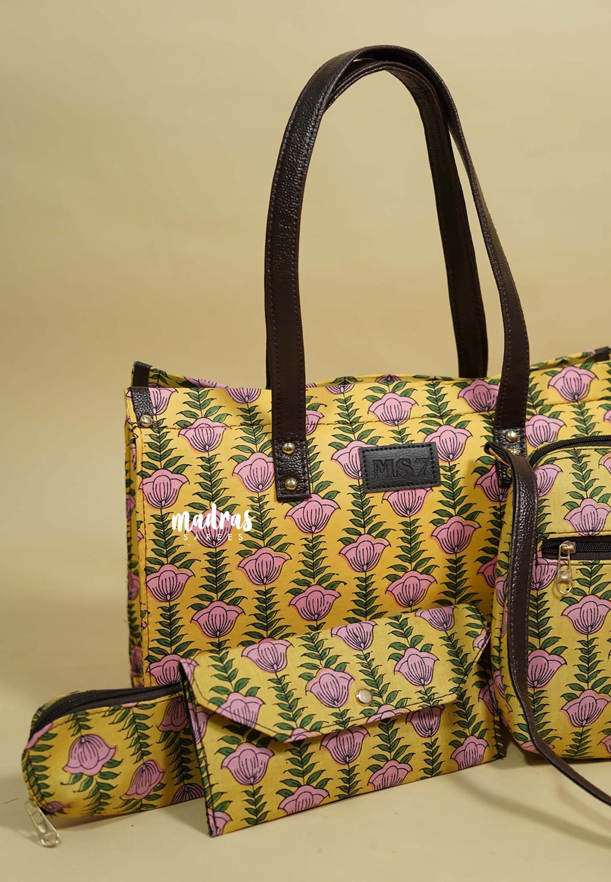 Punch yellow - Jaipur prints cotton handbag / office bag set of 4 - MS7 Brand