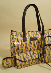 Punch yellow - Jaipur prints cotton handbag / office bag set of 4 - MS7 Brand