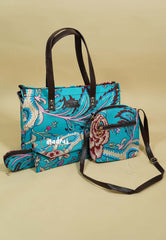 Punch blue - Jaipur prints cotton handbag / office bag set of 4 - MS7 Brand