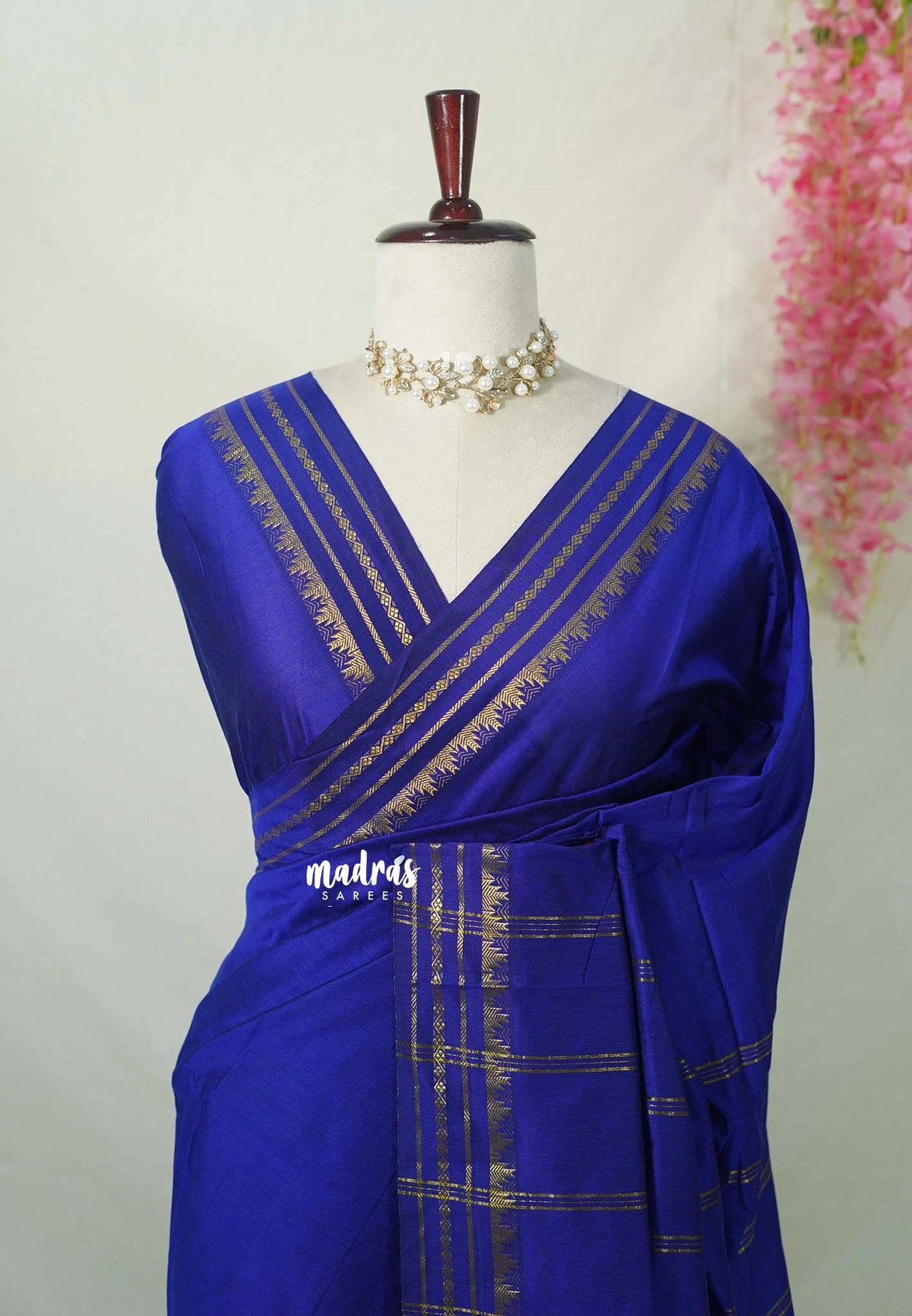 MS Amma Blue - Vintage Gadwal Silk Cotton Plain Body Multi Chain Border - Best for Small Functions