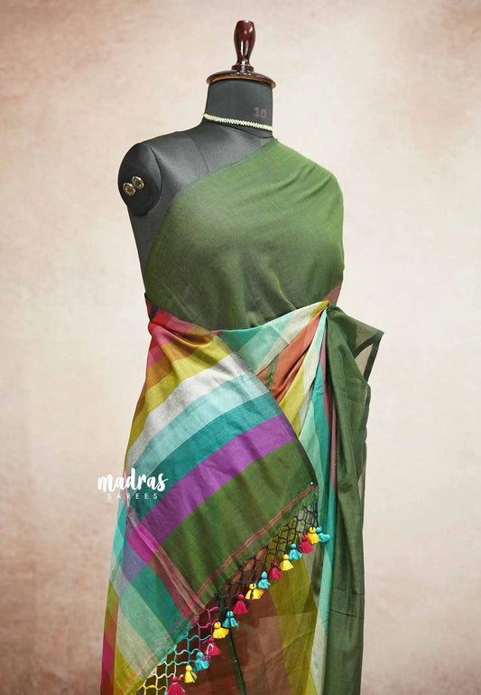 Soft Mul cotton rainbow checks saree ( NO blouse ) - Deep green