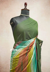 Soft Mul cotton rainbow checks saree ( NO blouse ) - Deep green