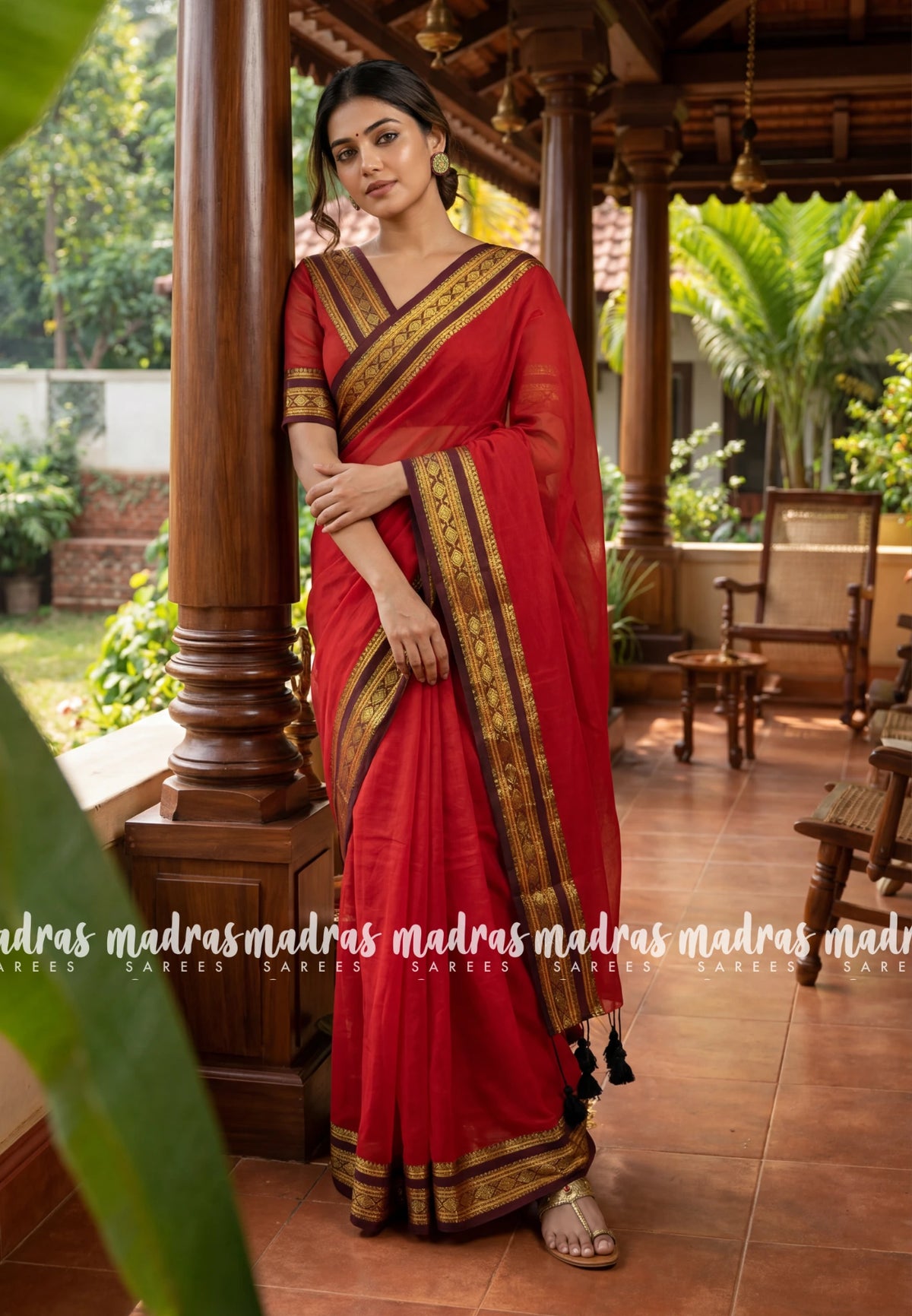 Tomato Red - Soft Mul cotton Plain Body with Mango Border - Perfect for Small Functions | summer wear | Casual wear