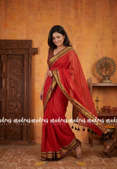 Tomato Red - Soft Mul cotton Plain Body with Mango Border - Perfect for Small Functions | summer wear | Casual wear