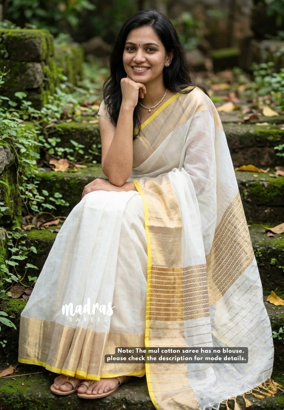 Ivory Cream - Soft Mul cotton with Tissue Border No Blouse - Perfect for Evening party | Reception