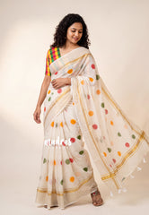 Ivory White - Soft Mul Cotton Saree Polka Dots with Madras Checks Blouse - Best for Summer | Casual Wear