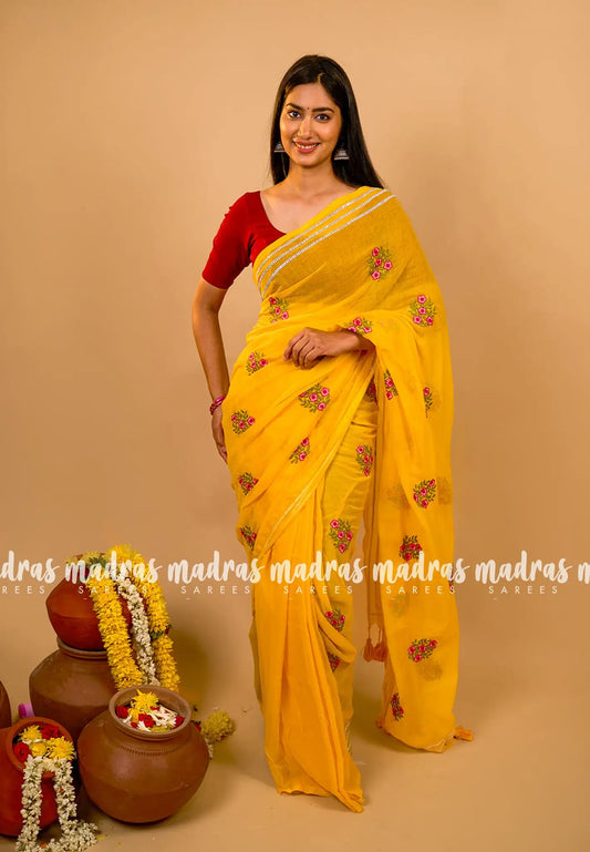 Yellow - Soft Mul Cotton Saree with floral embroidery work and Gota Patti border without blouse