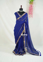 Navy Blue - Soft Mul Cotton Plain with Tissue Border - Perfect for Office Wear | summer wear | Casual wear