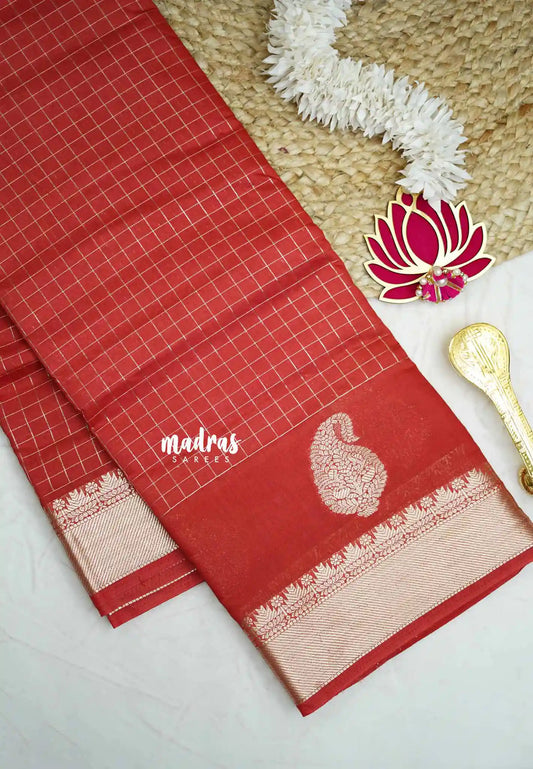 Rudra - Traditional Munga silk with checks weaving - Red