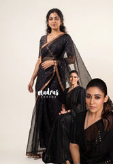 Jet Black - Handloom Pure Musliln Silk Saree with Sequence Weaving in the Body - With Silk Mark Certificate