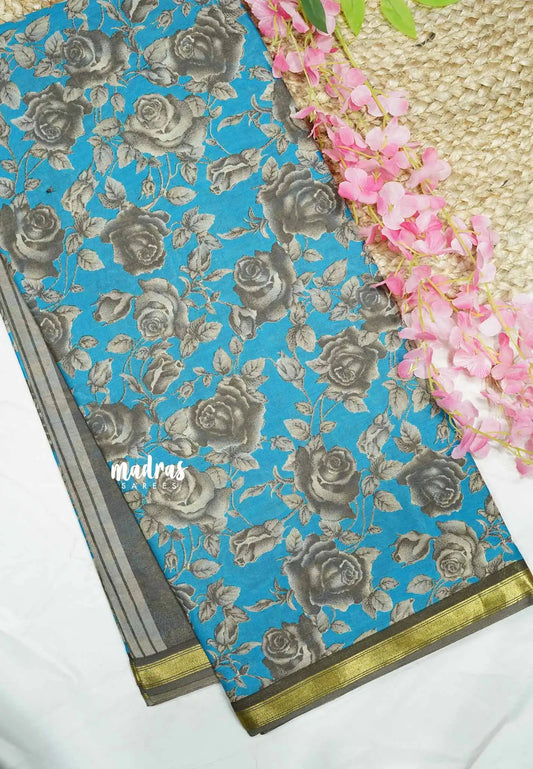 Soft Muslin cotton rose prints with tissue border - Ananda blue