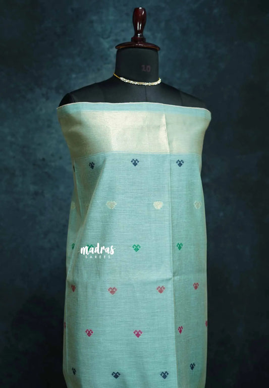 Pastel blue - Muslin Silk with Jamdani bird Weaving Border and pallu