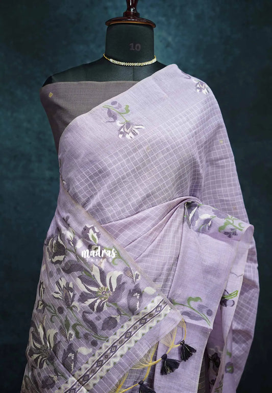 Pastel lavender - Muslin Silk with Jamdani floral Weaving Border and pallu