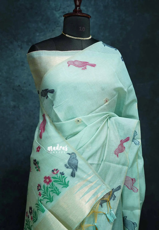 Pastel blue - Muslin Silk with Jamdani bird Weaving Border and pallu