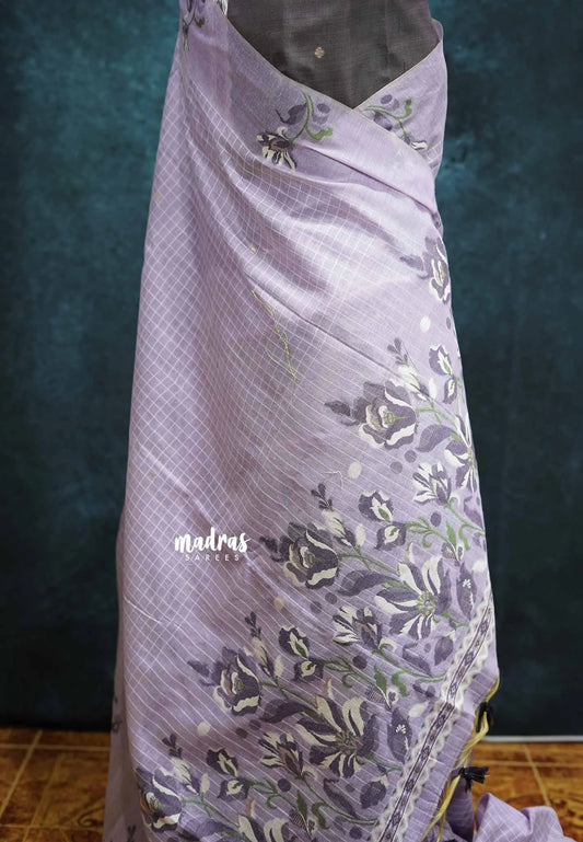 Pastel lavender - Muslin Silk with Jamdani floral Weaving Border and pallu