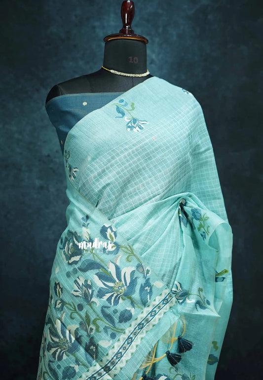 Pastel blue - Muslin Silk with Jamdani floral Weaving Border and pallu