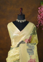 Pastel Lime Yellow - Muslin Silk with Full Flower Weaving  - Perfect for Festive Wear