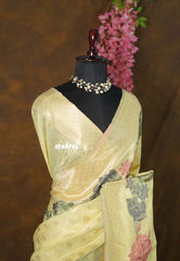Pastel Lime Yellow - Muslin Silk with Full Flower Weaving  - Perfect for Festive Wear