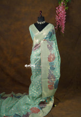 Seaform Green - Muslin Silk with Full Flower Weaving  - Perfect for Festive Wear