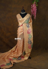 Muted Peach Orange - Muslin Silk with Full Flower Weaving  - Perfect for Festive Wear