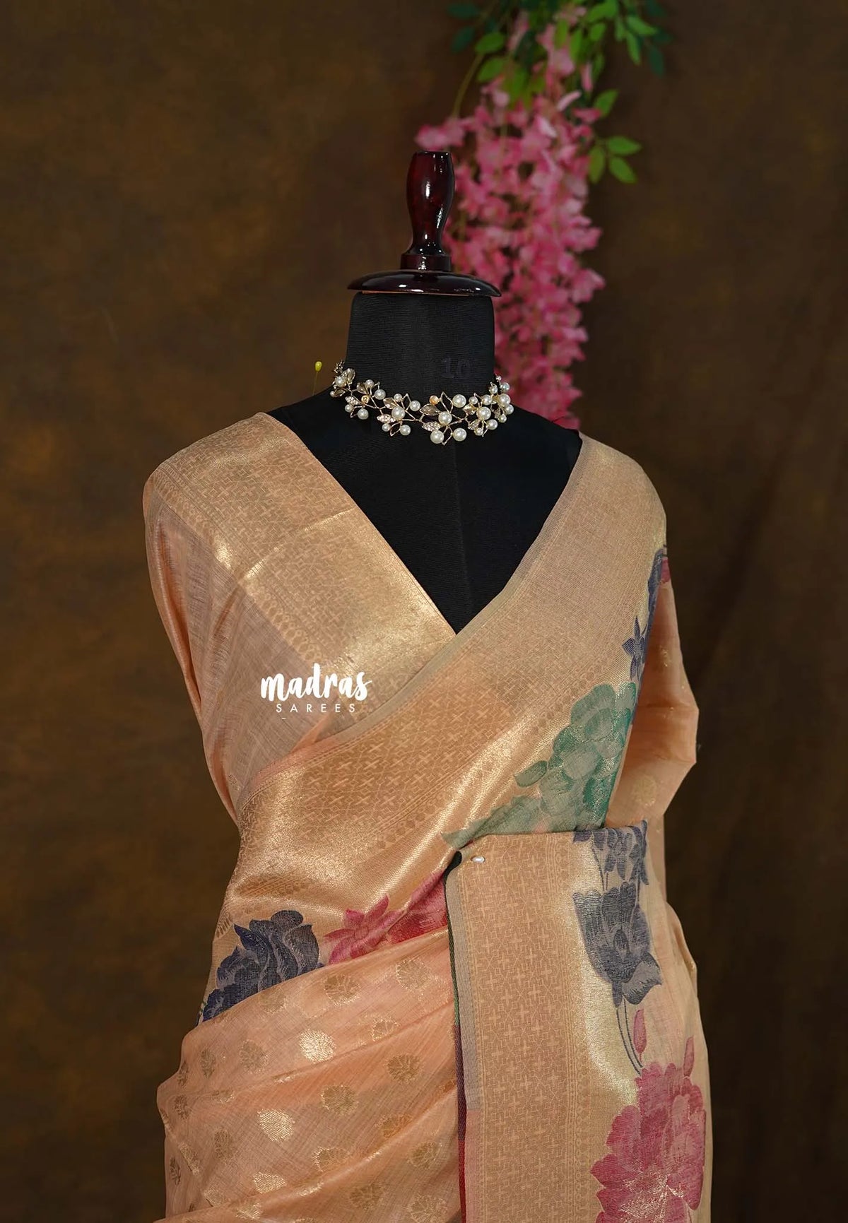 Muted Peach Orange - Muslin Silk with Full Flower Weaving  - Perfect for Festive Wear