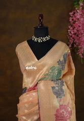 Muted Peach Orange - Muslin Silk with Full Flower Weaving  - Perfect for Festive Wear