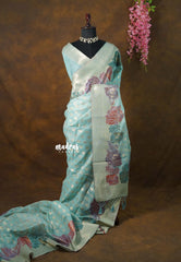 Muted Aqua Blue - Muslin Silk with Full Flower Weaving  - Perfect for Festive Wear