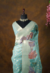Muted Aqua Blue - Muslin Silk with Full Flower Weaving  - Perfect for Festive Wear