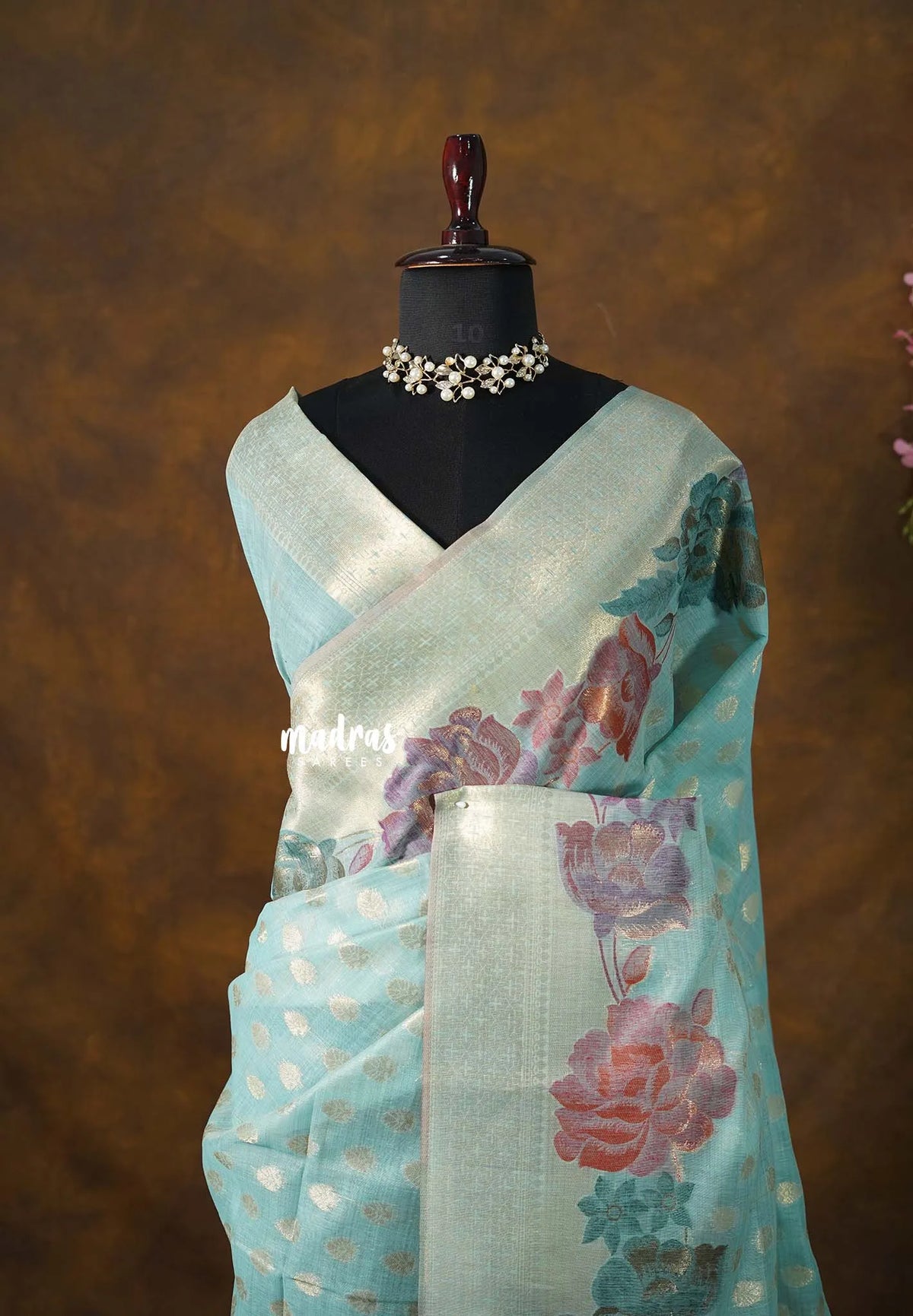 Muted Aqua Blue - Muslin Silk with Full Flower Weaving  - Perfect for Festive Wear