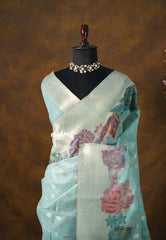 Muted Aqua Blue - Muslin Silk with Full Flower Weaving  - Perfect for Festive Wear