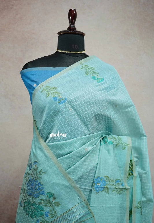 Pastel blue - Muslin Silk with Jamdani floral Weaving Border and pallu