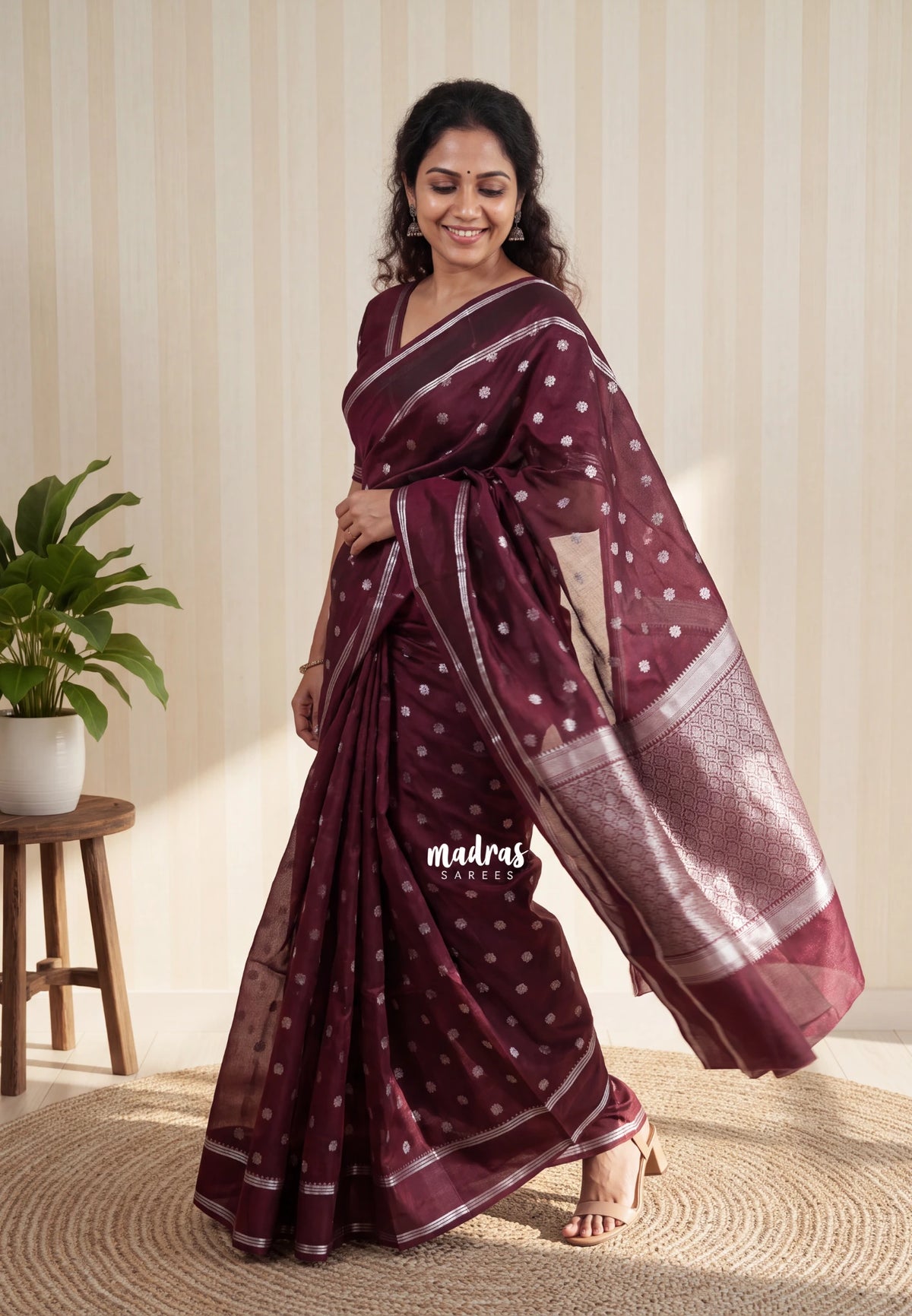 Wine Brown - Narayani - Semi Organza  Silk with Buttas and Rettapet Border - Best for Small Functions
