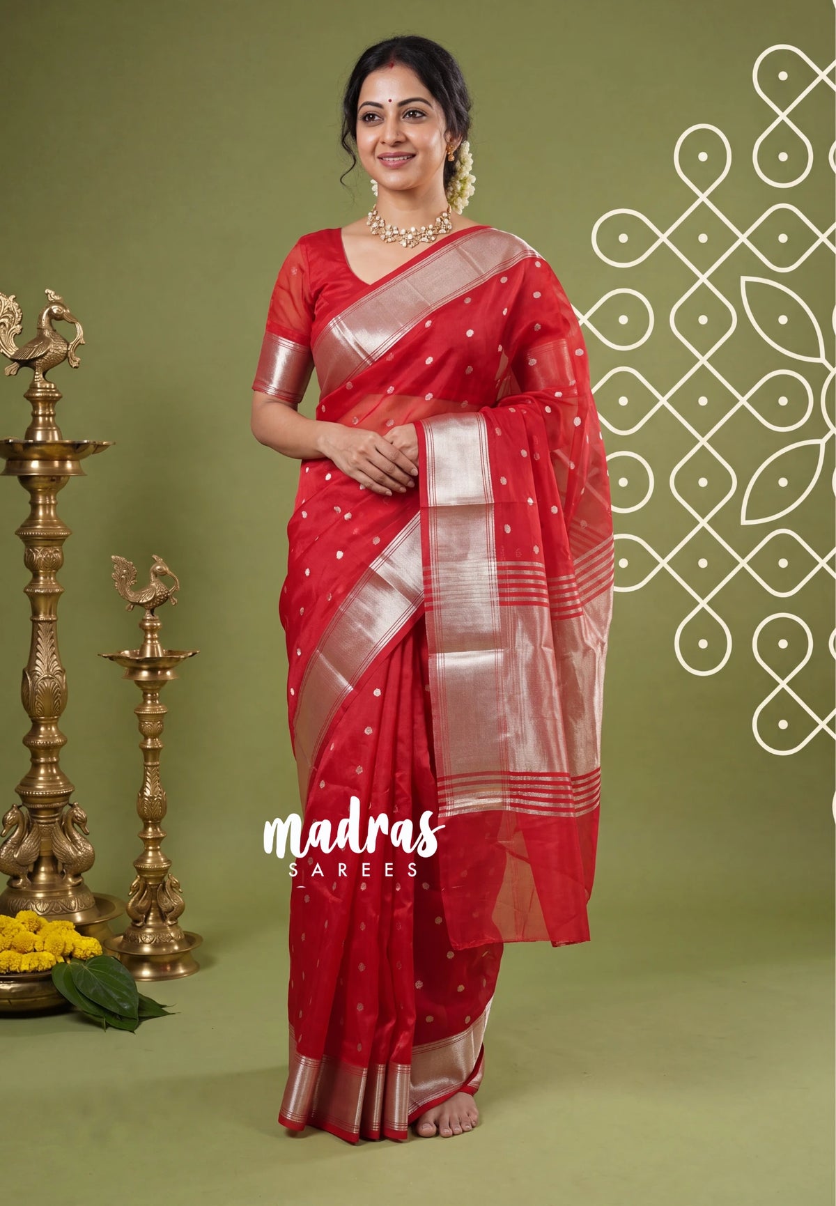 Tomato Red - Narayani - Semi Organza  Silk with Buttas and Zari Border - Best for Small Functions