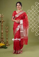 Tomato Red - Narayani - Semi Organza  Silk with Buttas and Zari Border - Best for Small Functions