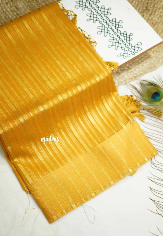 Narmada - Organza Tissue with stripes zari weaving body - Nayanthara Inspired - Golden yellow