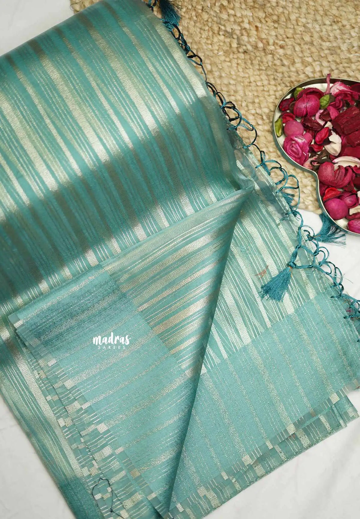 Narmada - Organza Tissue with stripes zari weaving body - Nayanthara Inspired - Aqua Blue